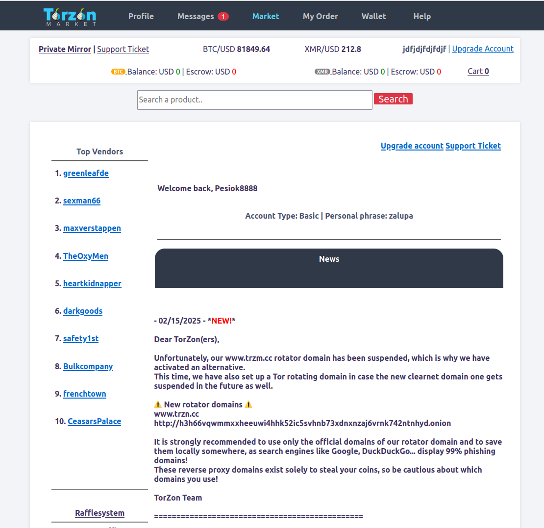 Torzon market dashboard interface showing the main marketplace layout in 2026